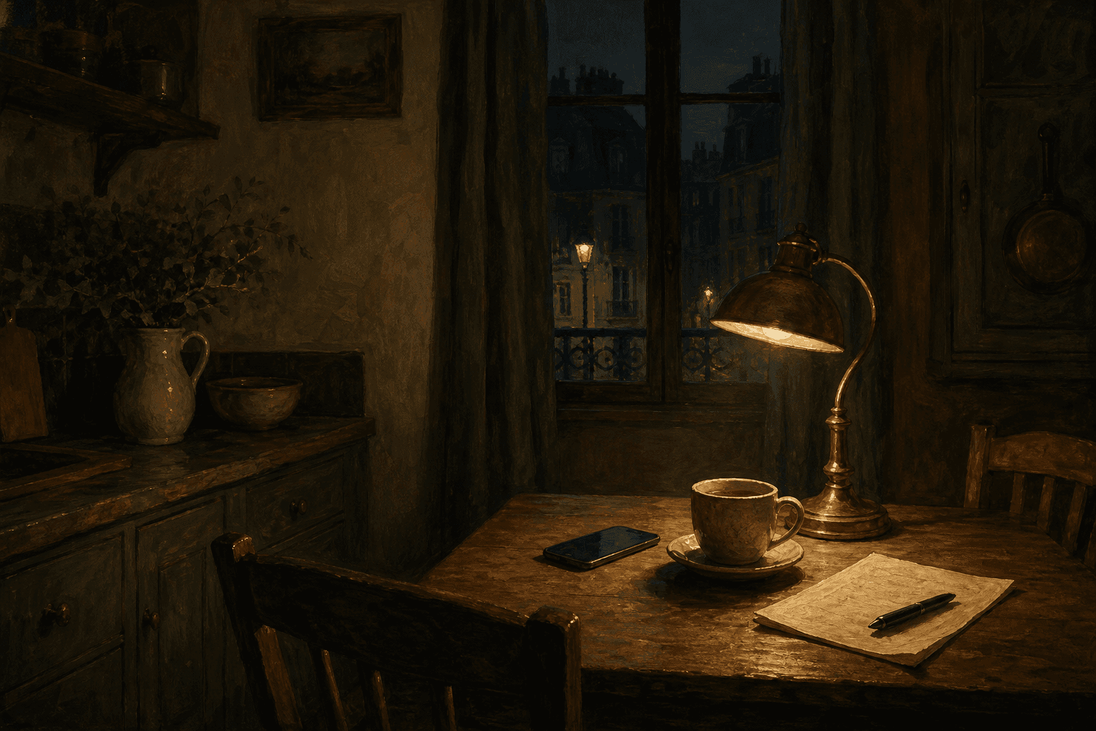 Une cuisine la nuit, une lampe allumée, un téléphone et une tasse sur la table